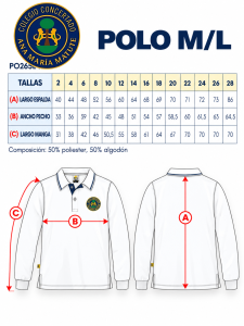 Polo Manga Larga (50% poliester, 50% algodón, piqué blanco)